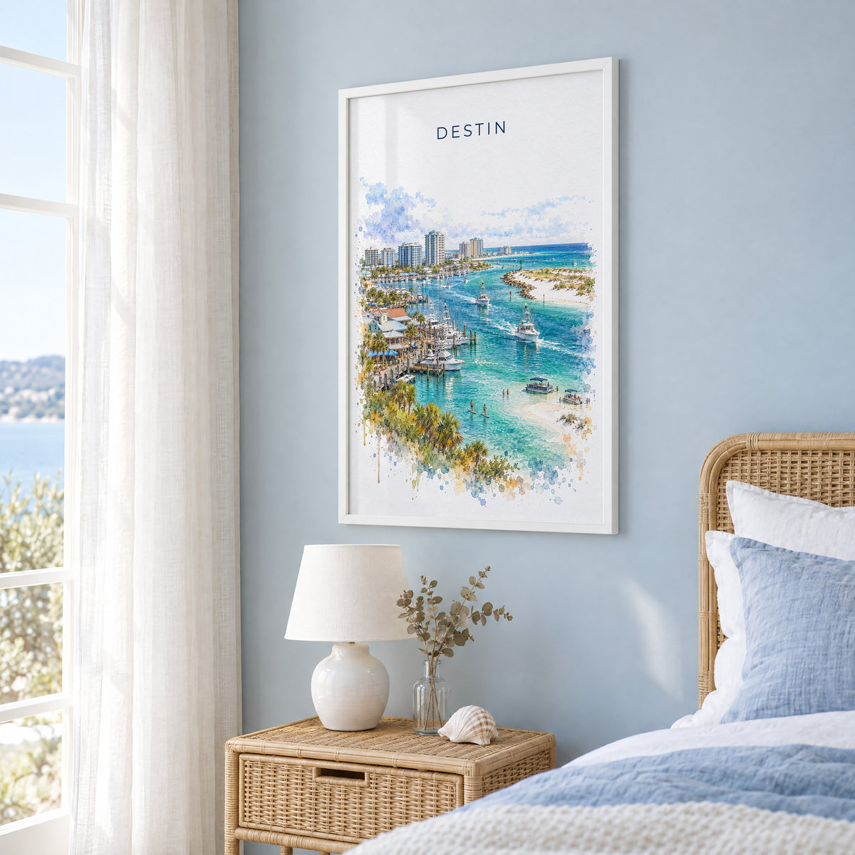 Destin watercolor print in a white frame on a pale blue wall beside a rattan bed in a coastal bedroom