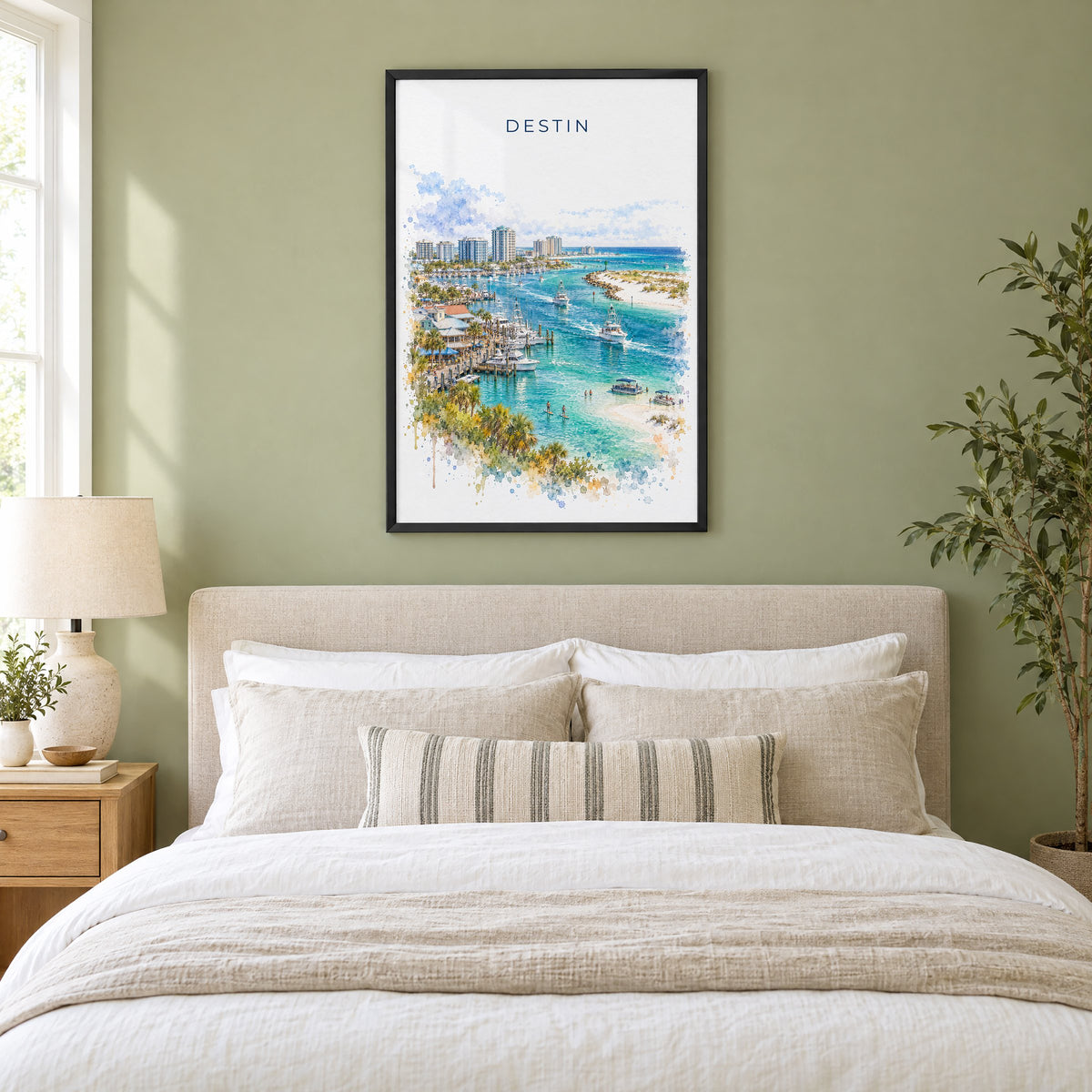 Destin watercolor print in a black frame above an upholstered headboard in a sage green bedroom