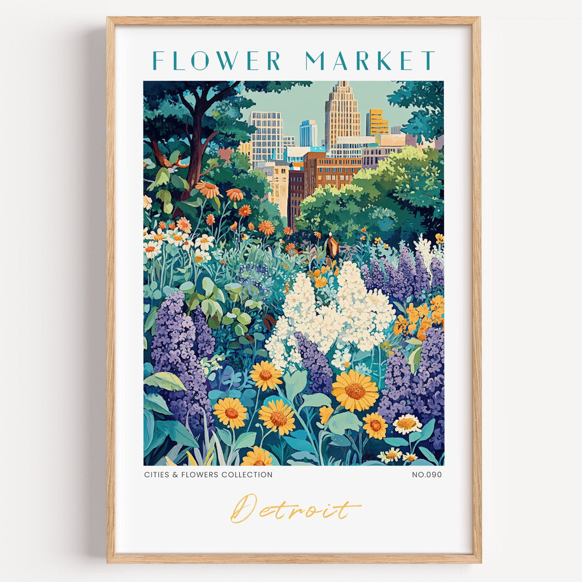 Detroit flower market print in a light oak frame on a plain white wall
