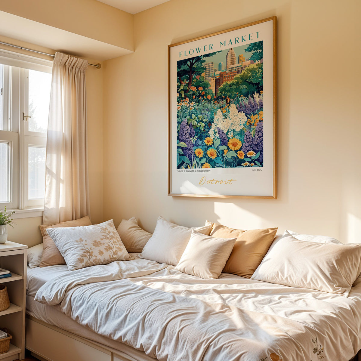 Detroit flower market print in an oak frame above a cream daybed in a sunny bedroom