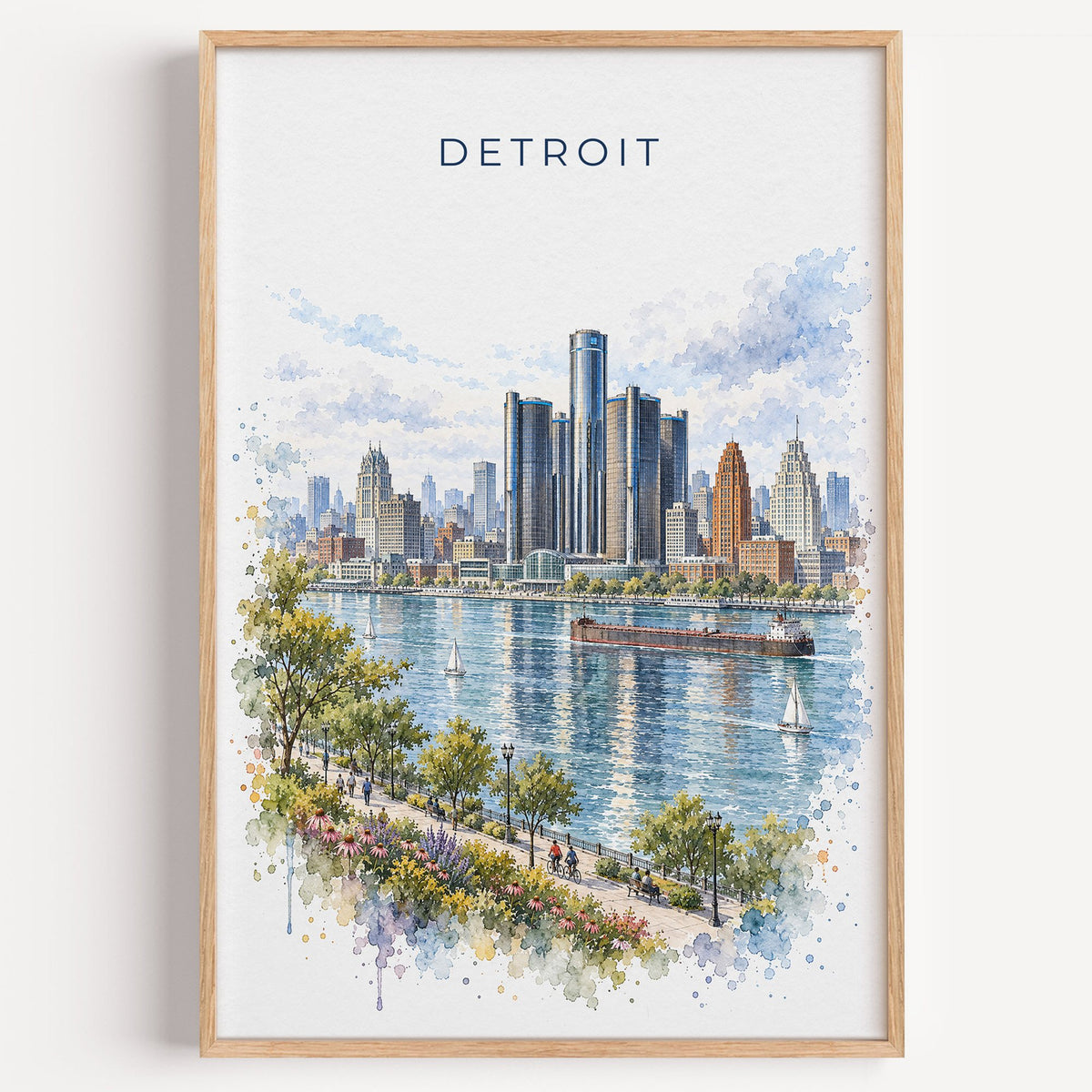 Detroit watercolor print in a light oak frame on a plain white wall