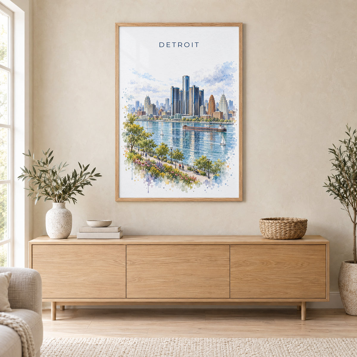 Detroit watercolor print in an oak frame above a light wood sideboard in a Scandinavian living room