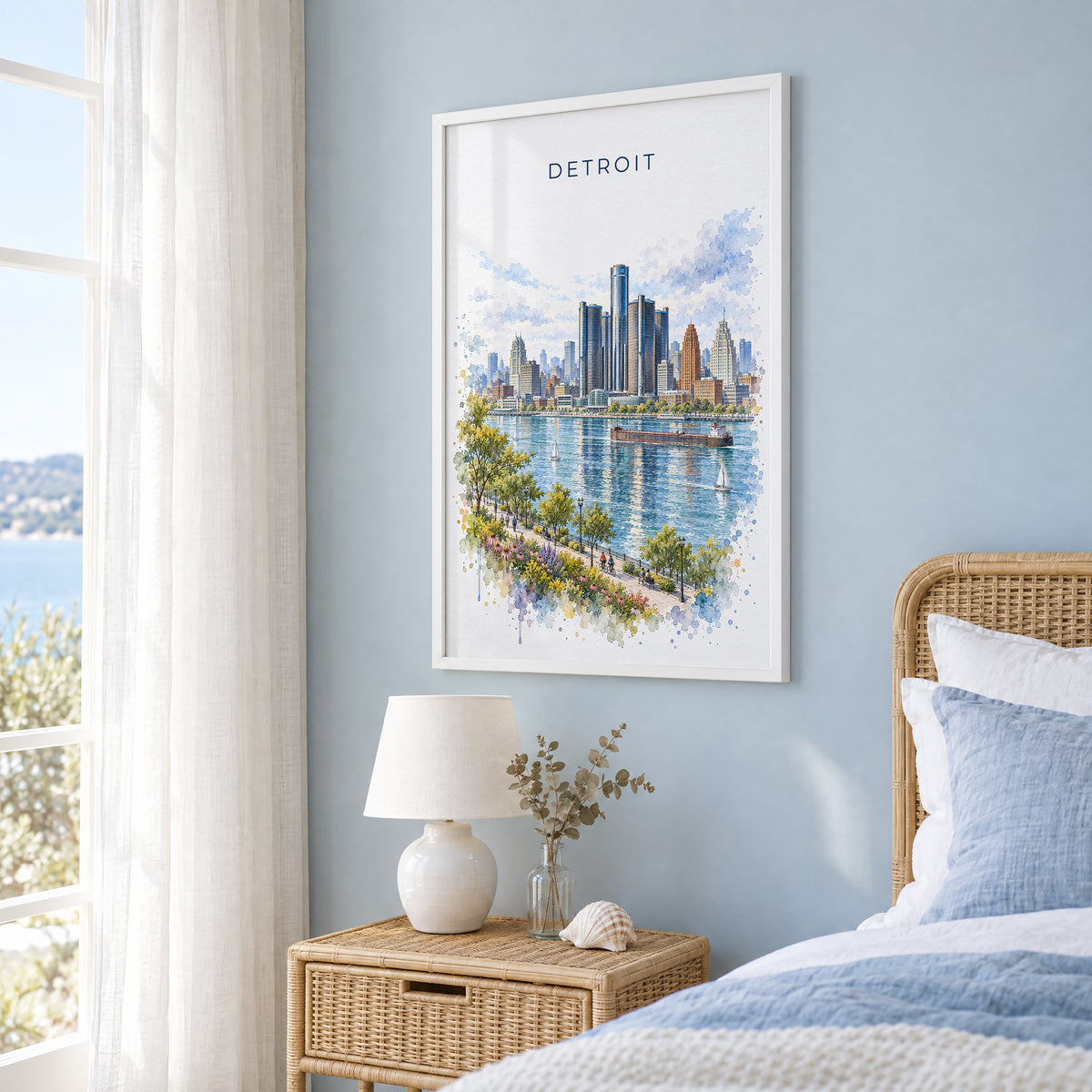 Detroit watercolor print in a white frame on a pale blue wall beside a rattan bed in a coastal bedroom