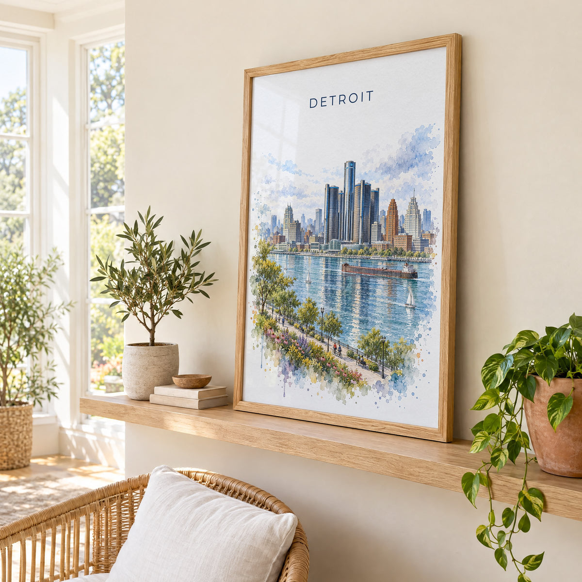 Detroit watercolor print in an oak frame on a picture ledge in a sunlit sunroom