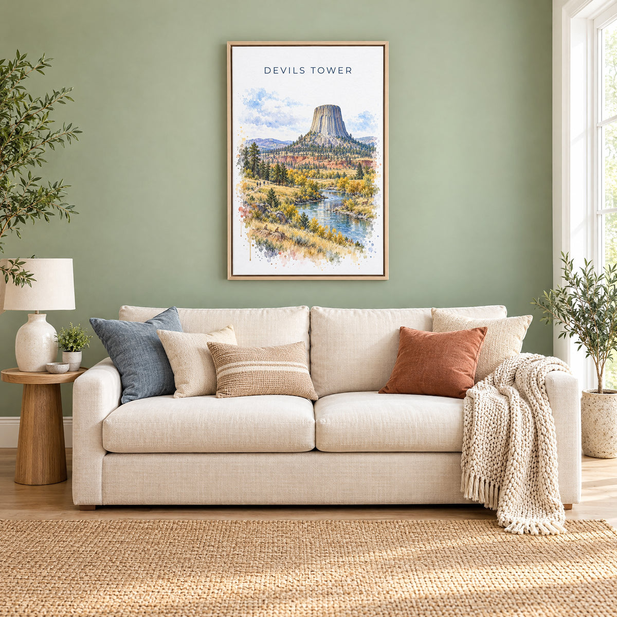 Devils Tower watercolor print as a natural floater canvas above a cream linen sofa on a sage green wall