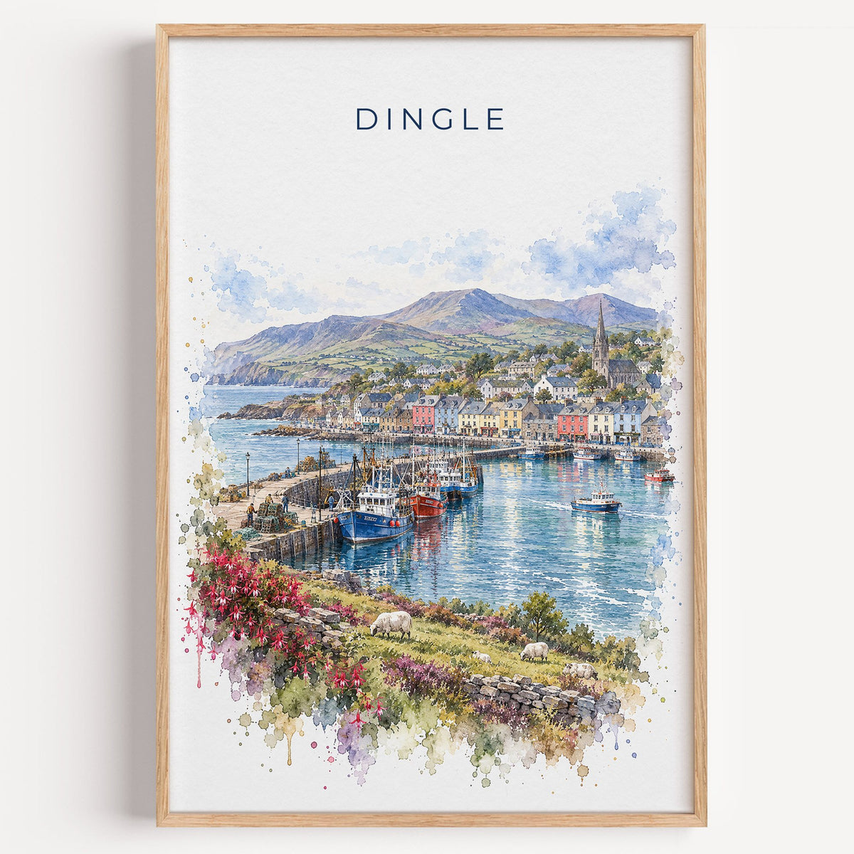 Dingle, Ireland watercolor print in a light oak frame on a plain white wall