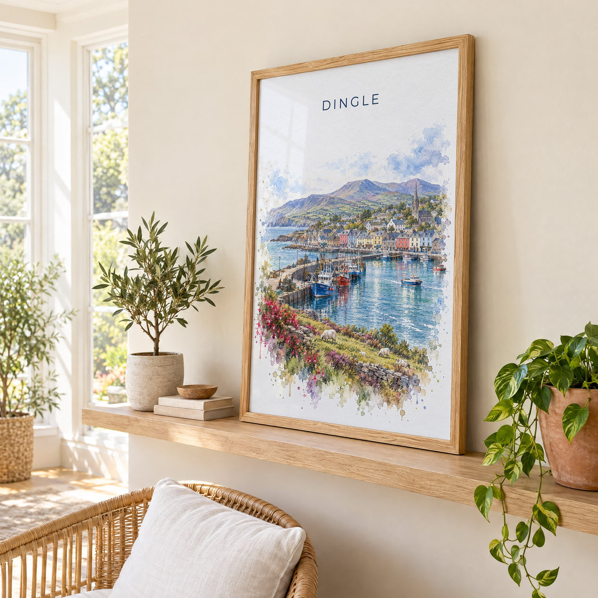Dingle, Ireland watercolor print in an oak frame on a picture ledge in a sunlit sunroom