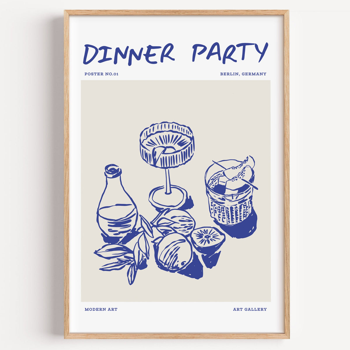 Dinner Party citrus drinks poster in cobalt on a plain white background