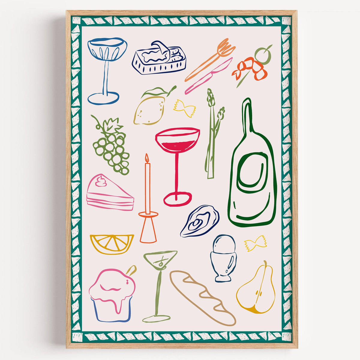 Dinner party doodles teal border print in a light oak frame on a plain white wall