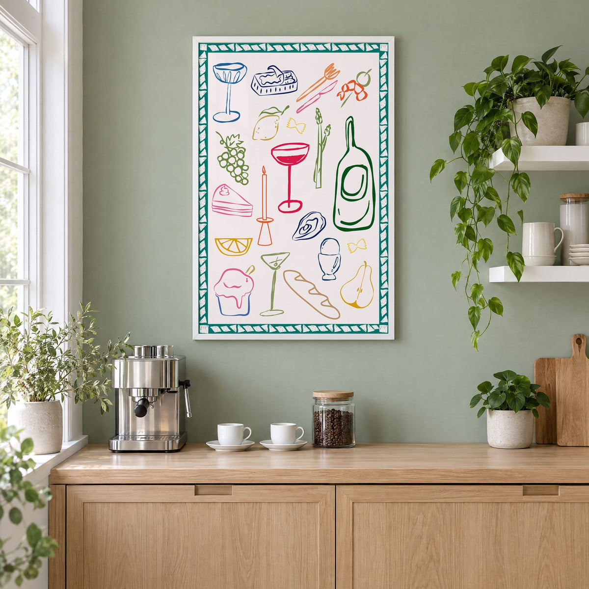 Dinner party doodles teal border print in a white frame on a sage green coffee nook wall above an espresso machine