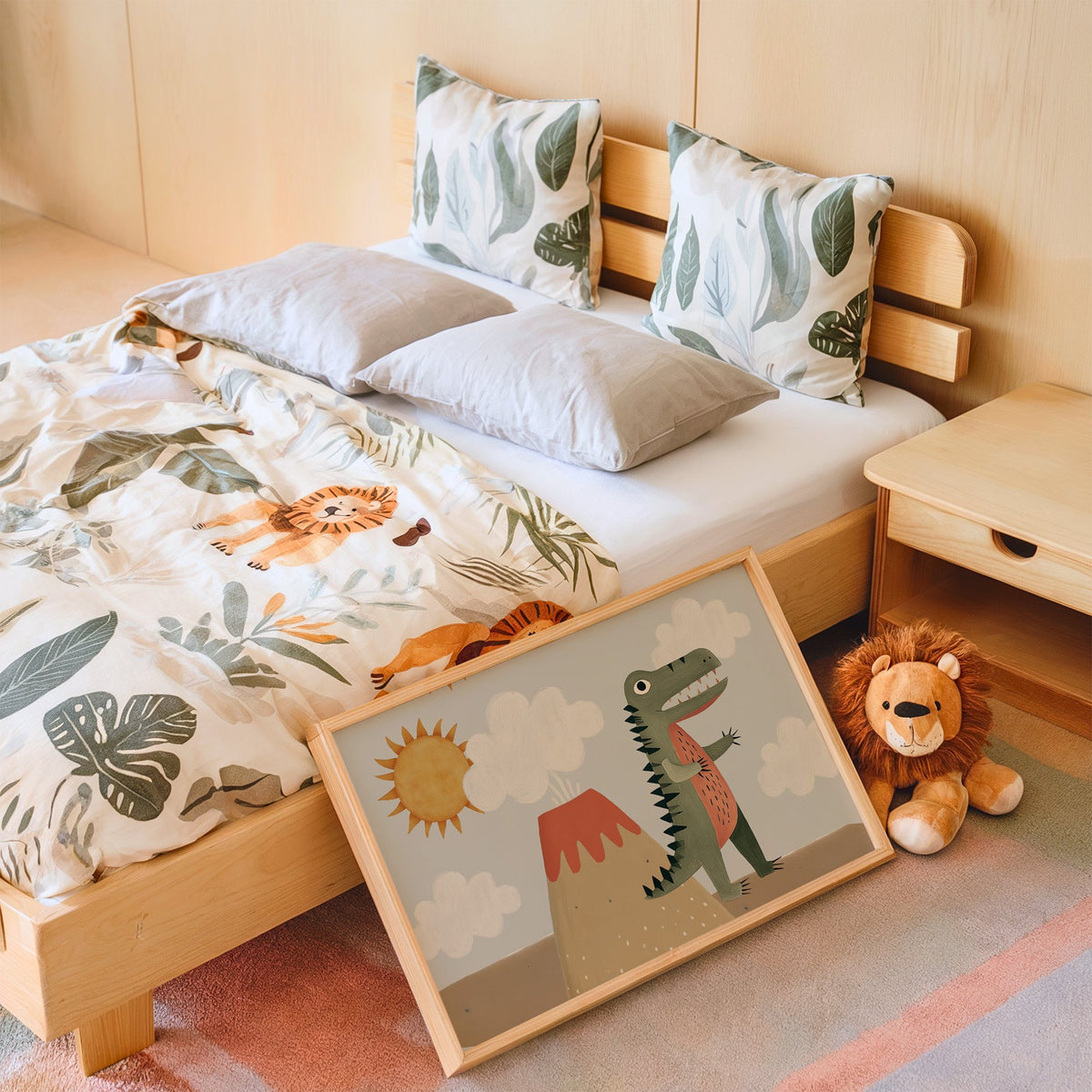 Landscape dinosaur and volcano nursery print in an oak frame leaning on a kids bed by a lion plush