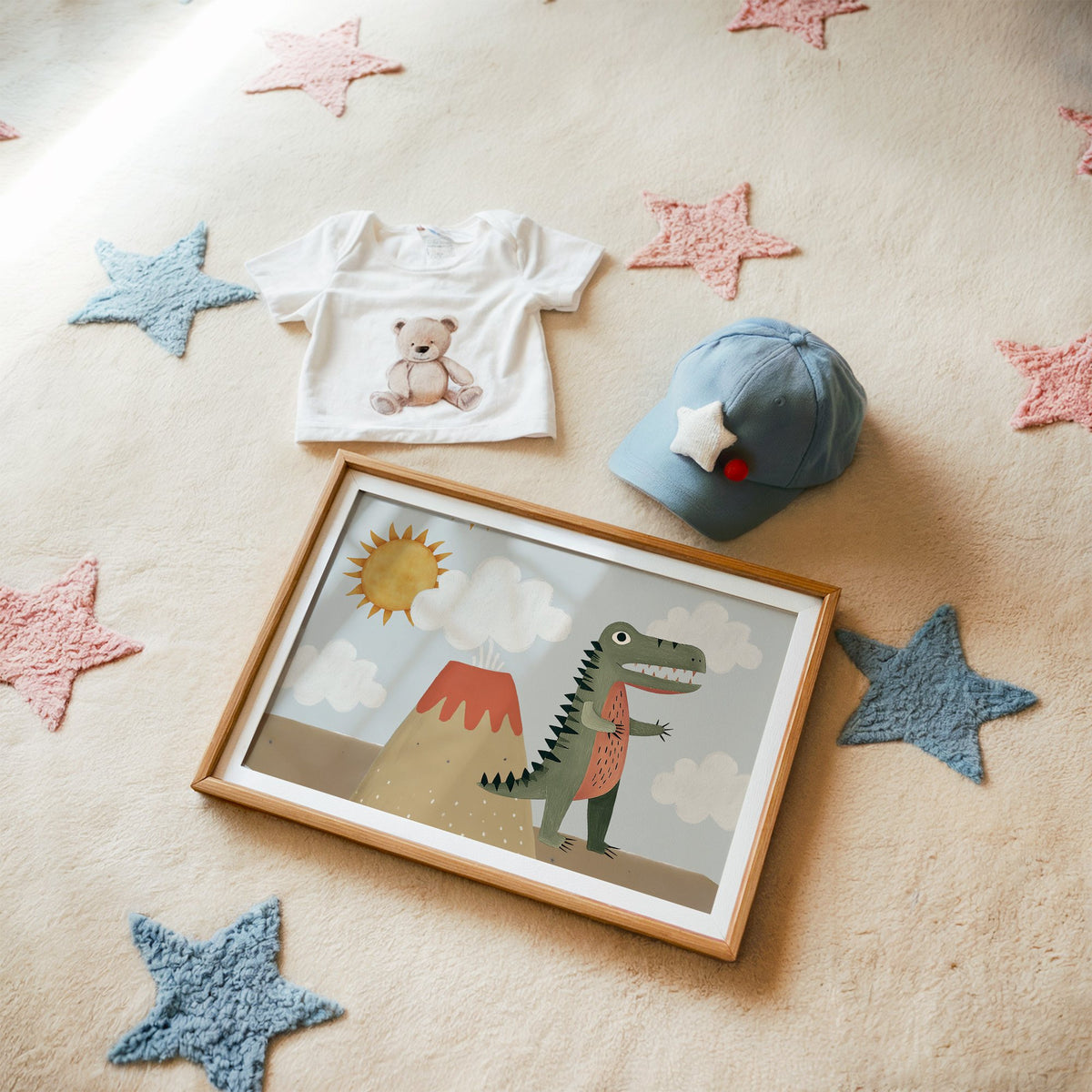 Landscape dinosaur and volcano nursery print in a matted oak frame on a star rug with a baby tee