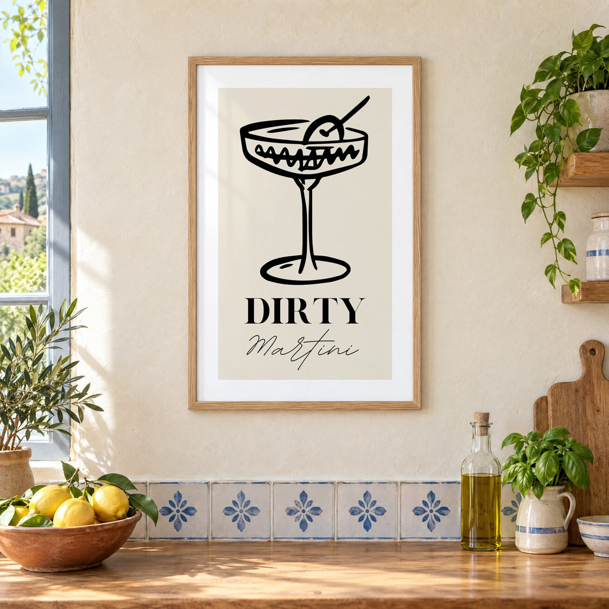 DIRTY Martini black line coupe olive print in an oak frame on a cream plaster wall above a worktop with a bowl of lemons and blue-and-white tiles