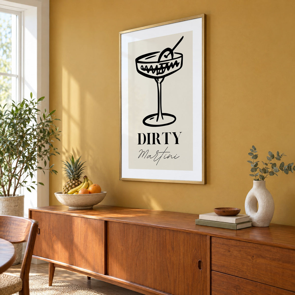 DIRTY Martini black line coupe olive print in a brass frame on a mustard wall above a teak sideboard with a fruit bowl, seen at an angle