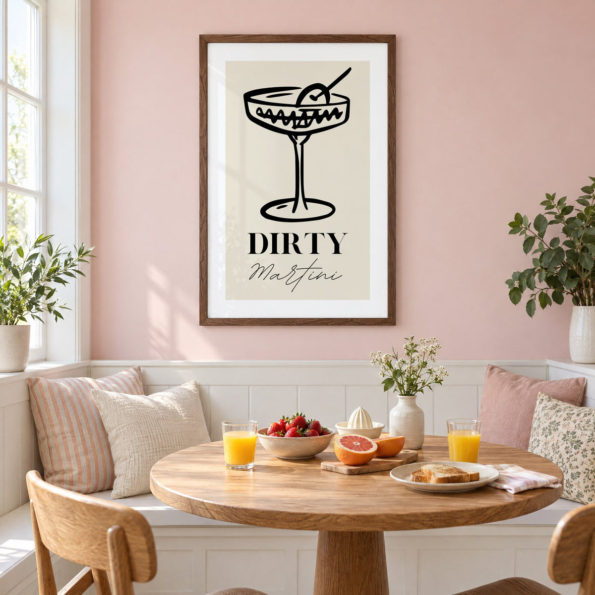 DIRTY Martini black line coupe olive print in a walnut frame on a pastel pink wall above a breakfast nook with strawberries and orange juice