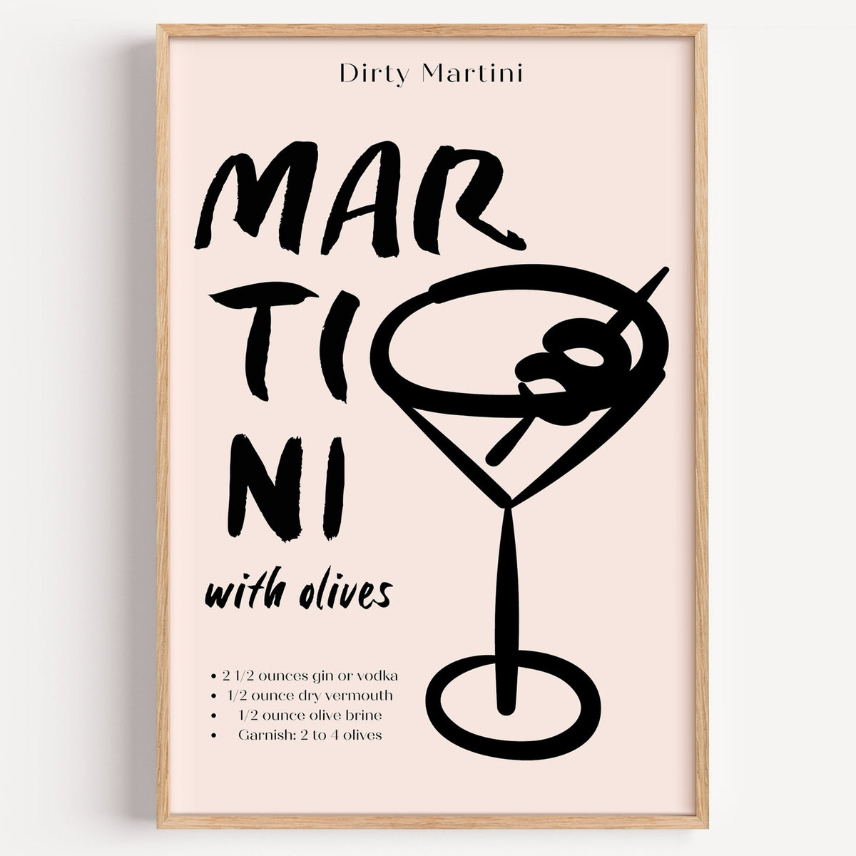 Dirty Martini with olives recipe print in a light oak frame on a plain white wall