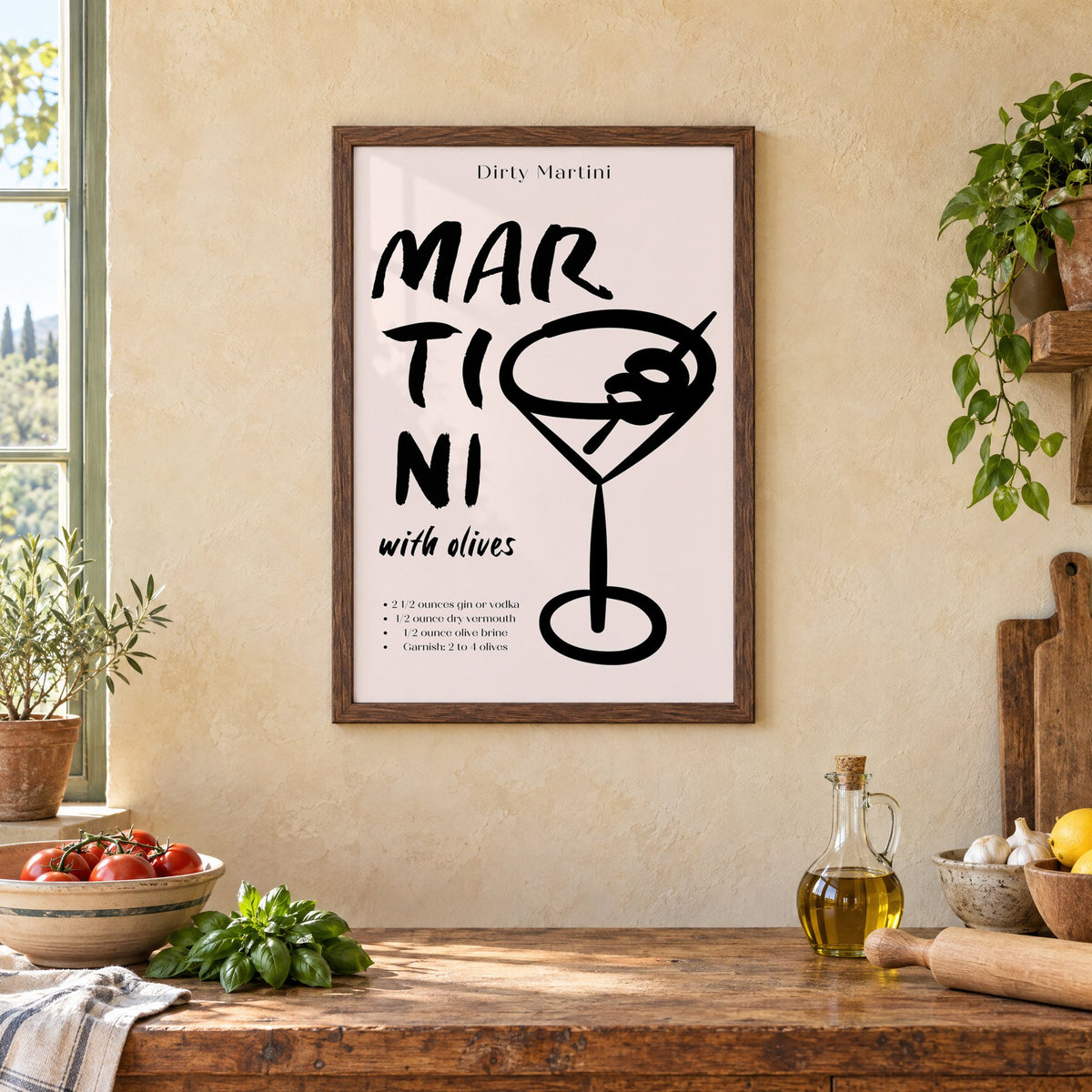 Dirty Martini with olives recipe print in a walnut frame above a rustic Italian kitchen table with tomatoes