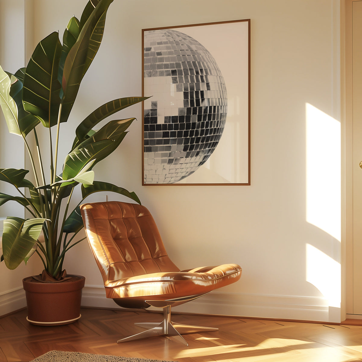 Disco mirror ball close-up print in a walnut frame above a leather lounge chair
