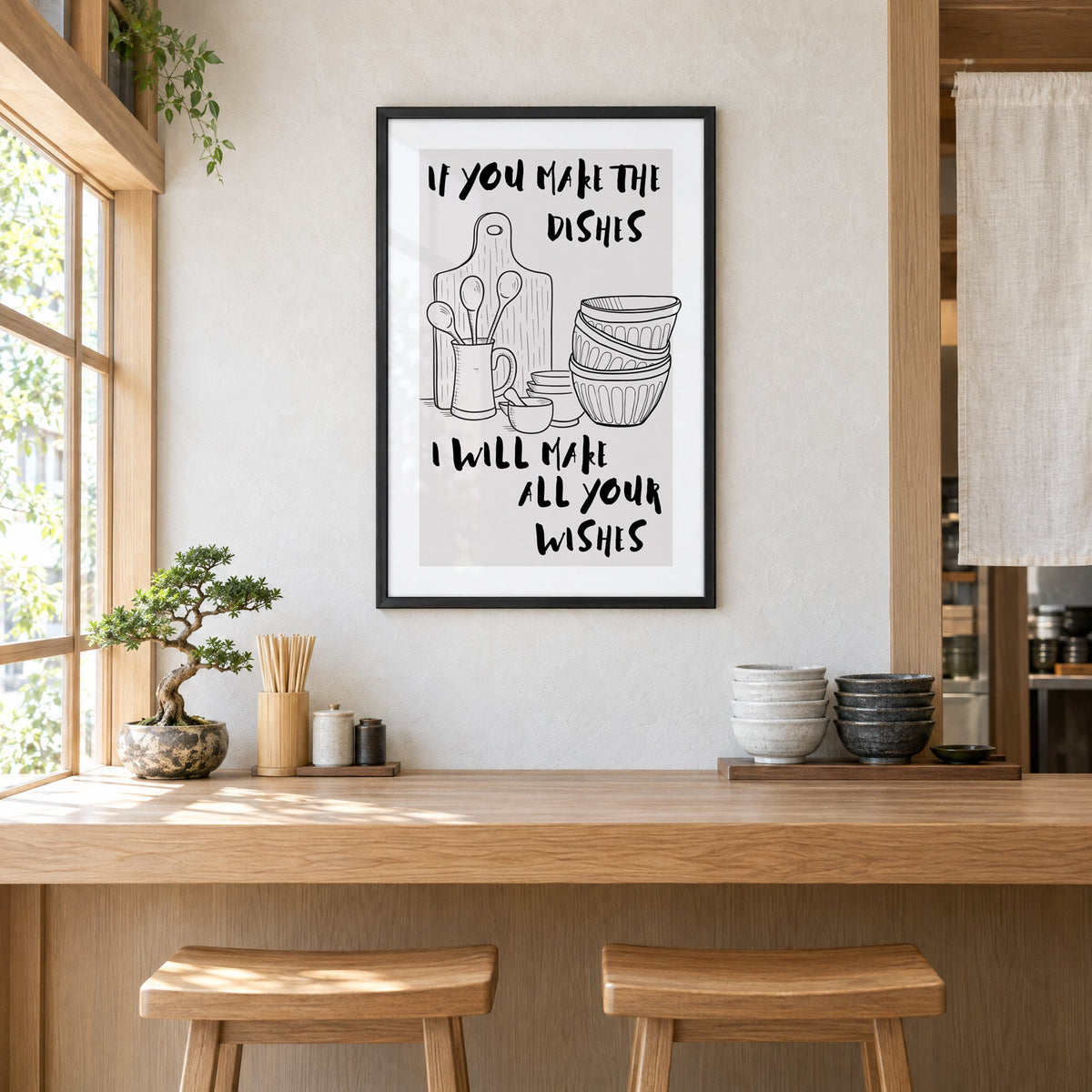 IF YOU MAKE THE DISHES kitchenware sketch print in a black frame above a light wood ramen counter with stools and stacked bowls