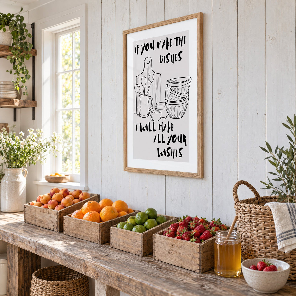 IF YOU MAKE THE DISHES kitchenware sketch print in an oak frame on white plank walls above wooden crates of fresh fruit, seen at an angle