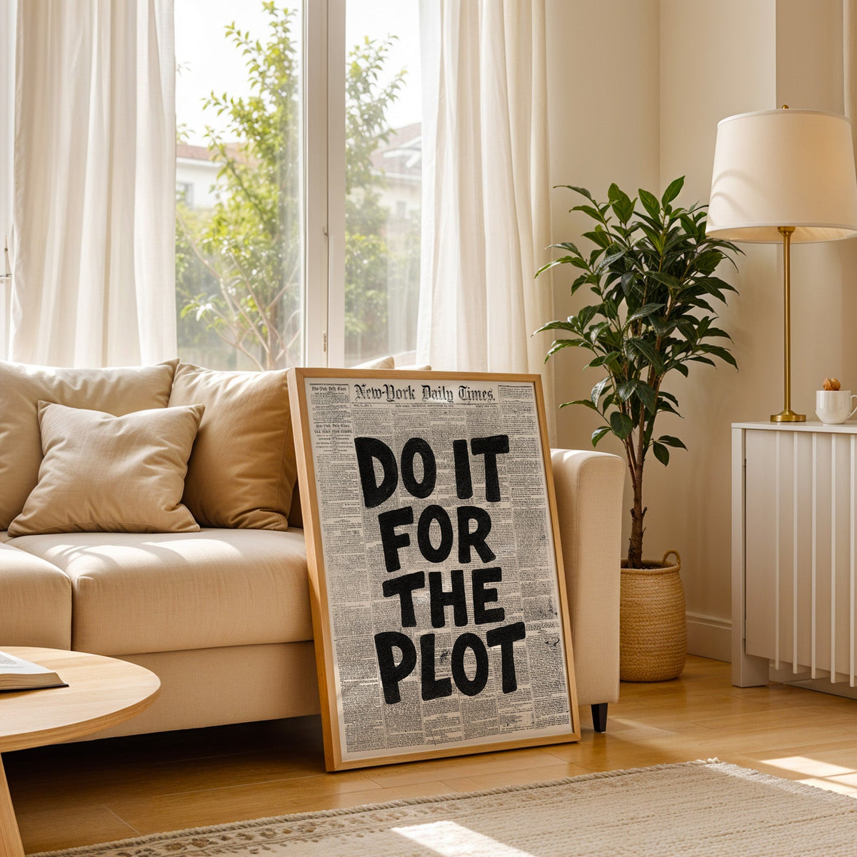Do It for the Plot black lettering on old newspaper print in a light oak frame leaning on a cream sofa beside a floor lamp