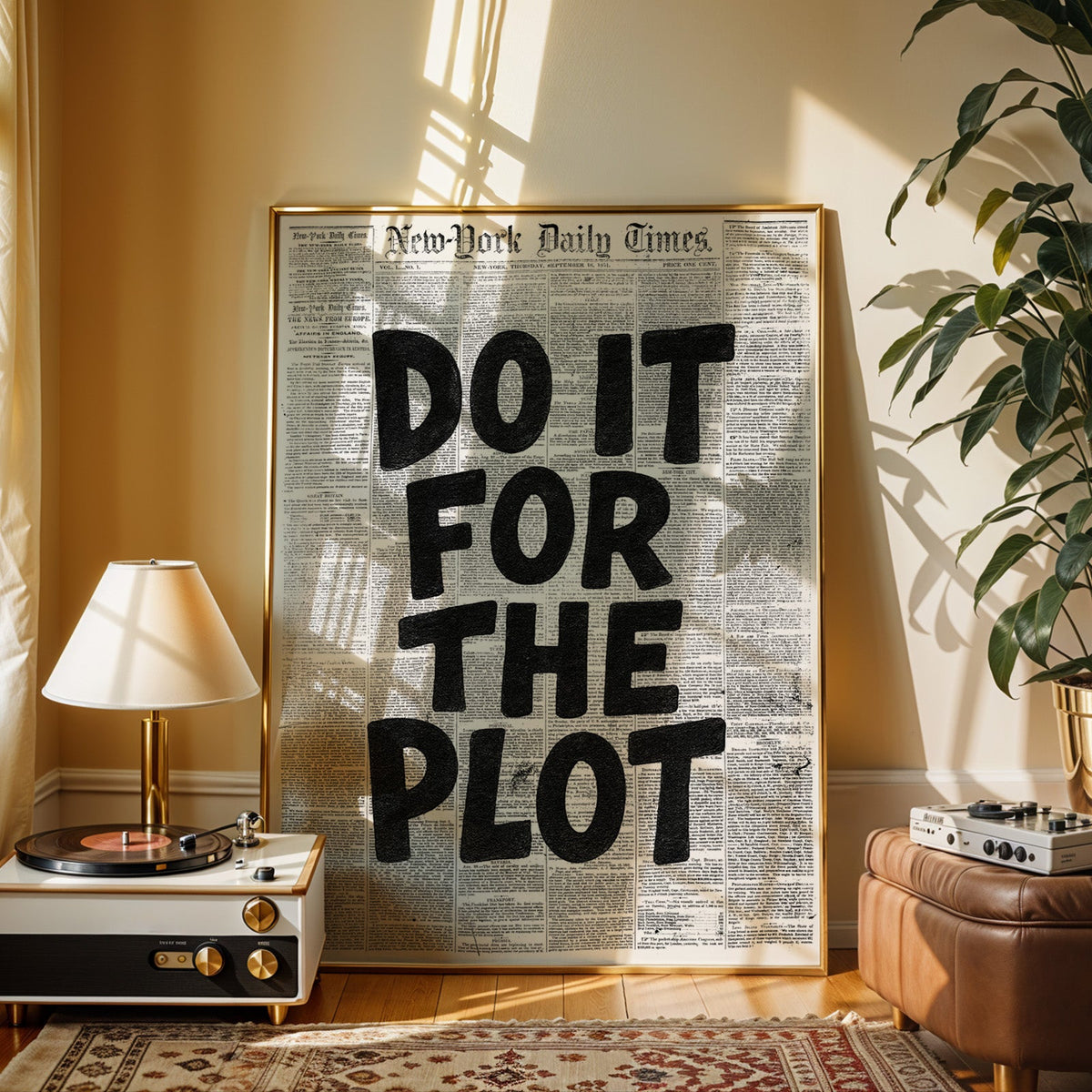 Do It for the Plot black lettering on old newspaper print shown in a gold frame beside a record player and table lamp