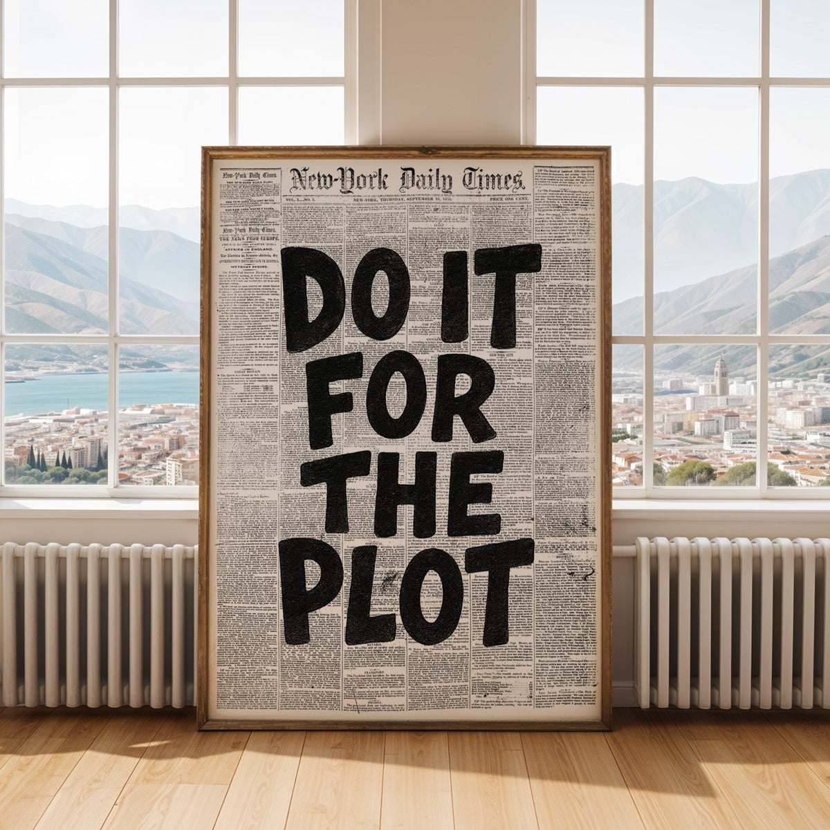 Do It for the Plot black lettering on old newspaper print shown in an antique gold frame by tall windows with a sea view