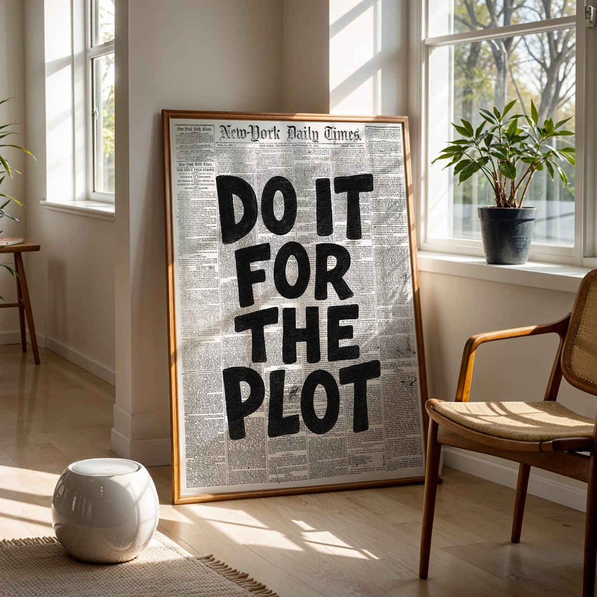 Do It for the Plot black lettering on old newspaper print in a walnut frame on a wood floor beside a cane chair and sunny window