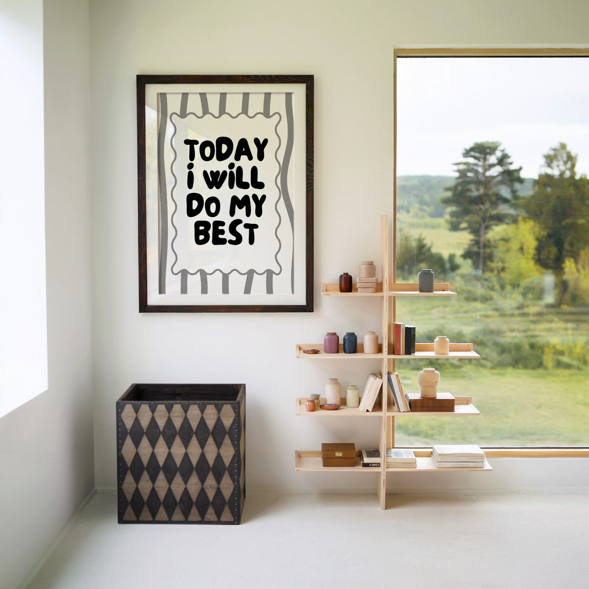 Today I will do my best bubble quote print in a walnut frame with a white mat beside wooden shelves and a garden window