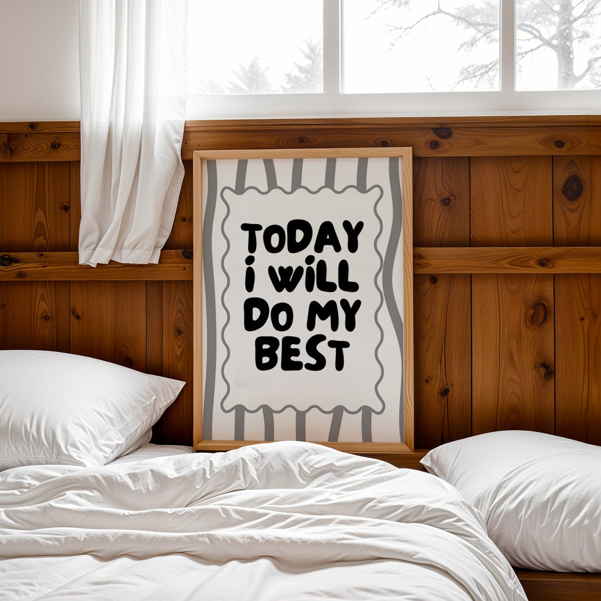 Today I will do my best bubble quote print in a pine frame leaning on a wood headboard over white bedding
