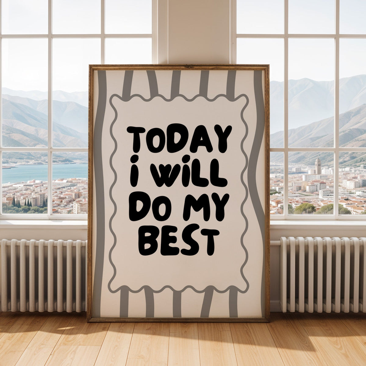 Today I will do my best bubble quote print shown in an antique gold frame by tall windows with a sea view