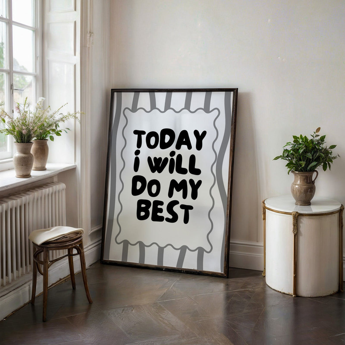 Today I will do my best bubble quote print in a black frame on a dark stone floor beside a white side table