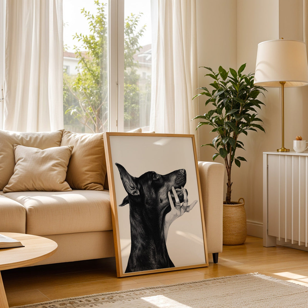 Drawn Doberman with ring-covered hand under chin print in a light oak frame leaning on a cream sofa beside a floor lamp