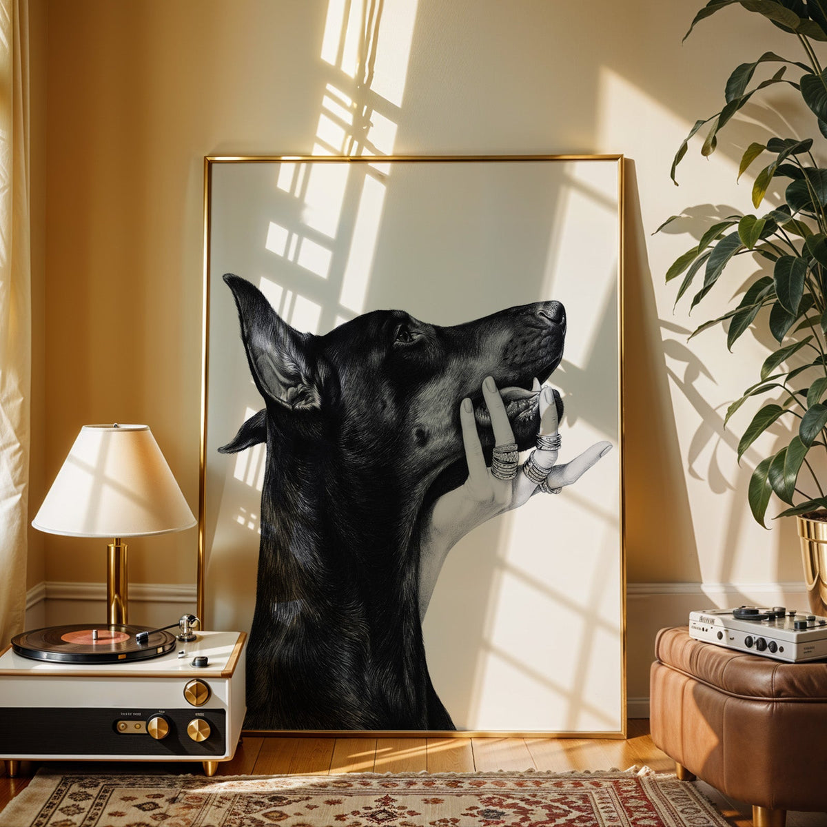 Drawn Doberman with ring-covered hand under chin print shown in a gold frame beside a record player and table lamp