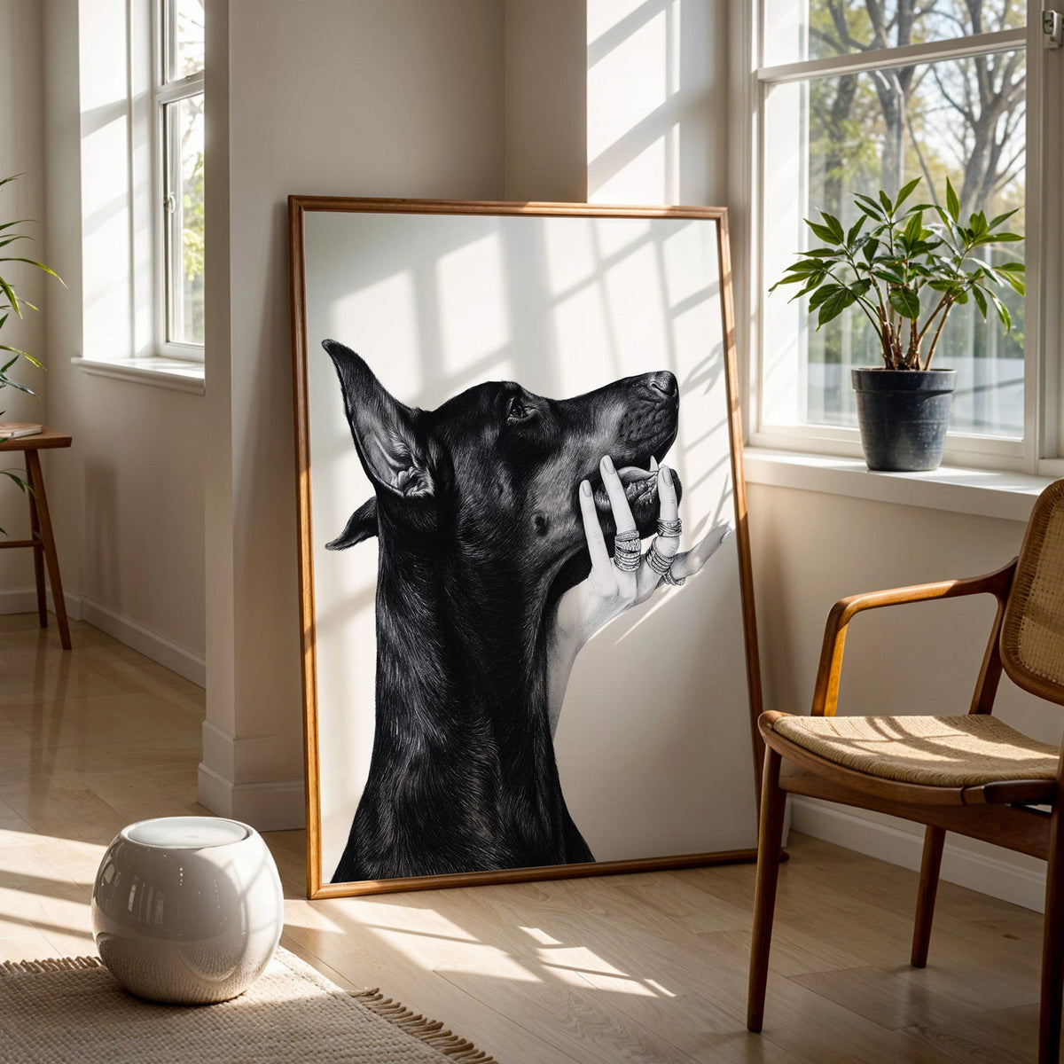 Drawn Doberman with ring-covered hand under chin print in a walnut frame on a wood floor beside a cane chair and sunny window