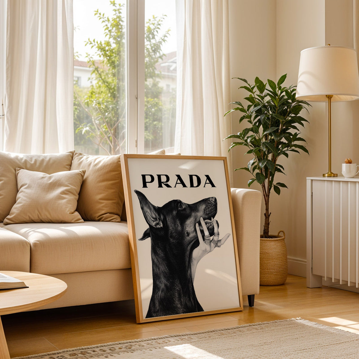 Drawn Doberman with ringed hand under chin print in a light oak frame leaning on a cream sofa beside a floor lamp