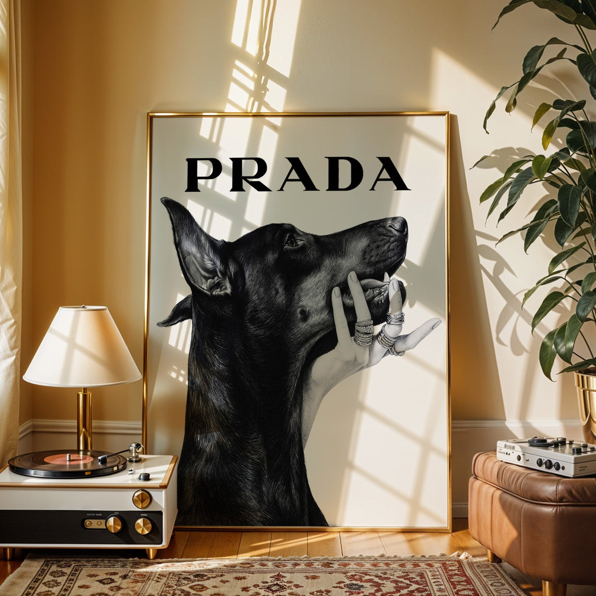 Drawn Doberman with ringed hand under chin print shown in a gold frame beside a record player and table lamp