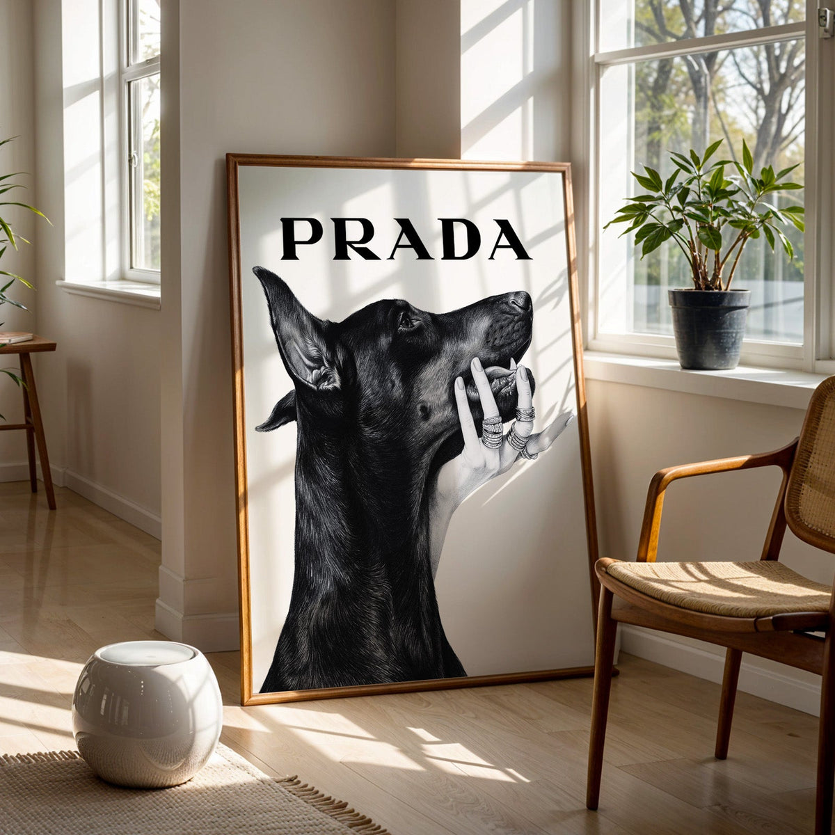 Drawn Doberman with ringed hand under chin print in a walnut frame on a wood floor beside a cane chair and sunny window