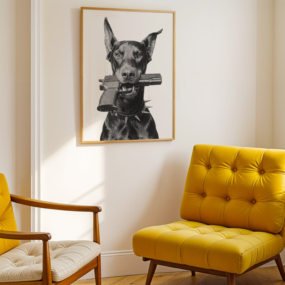 Doberman with toy pistol in mouth on white print shown in a gold frame above a mustard yellow tufted armchair