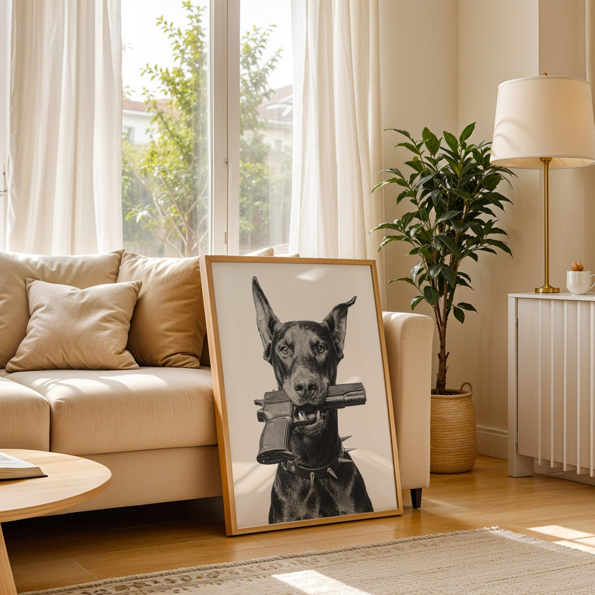 Doberman with toy pistol in mouth on white print in a light oak frame leaning on a cream sofa beside a floor lamp