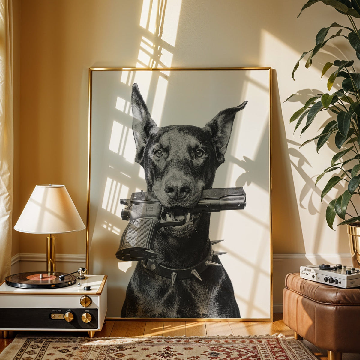 Doberman with toy pistol in mouth on white print shown in a gold frame beside a record player and table lamp