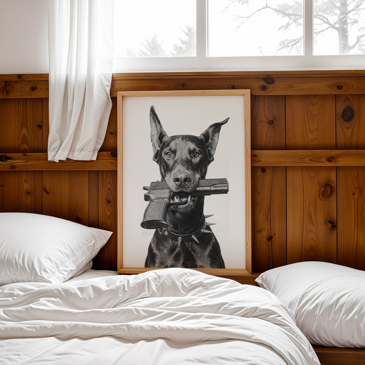Doberman with toy pistol in mouth on white print in a pine frame leaning on a wood headboard over white bedding