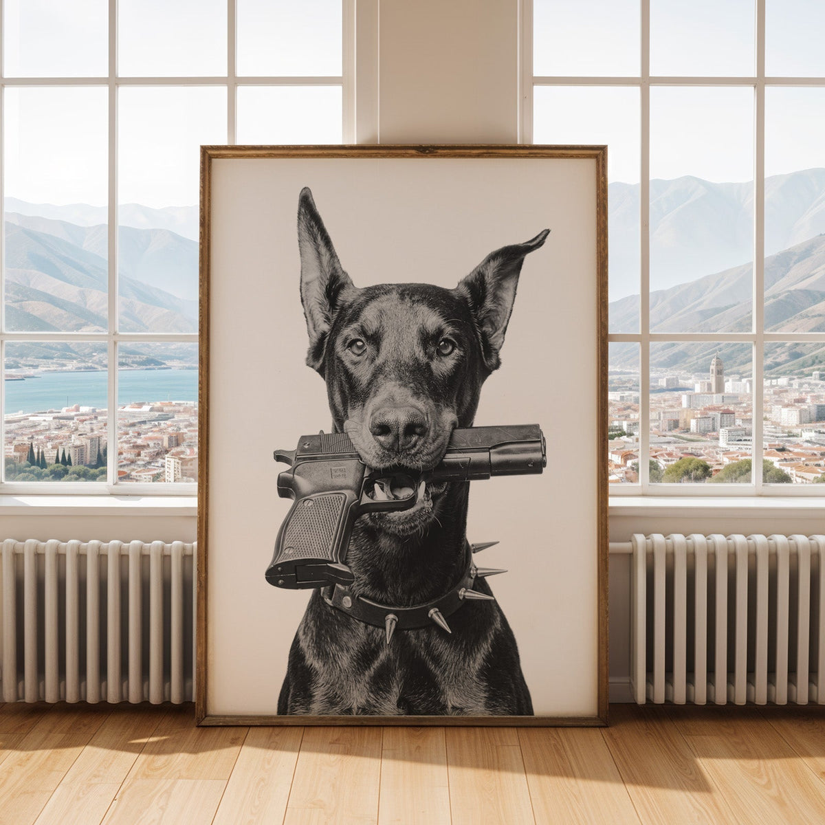 Doberman with toy pistol in mouth on white print shown in an antique gold frame by tall windows with a sea view
