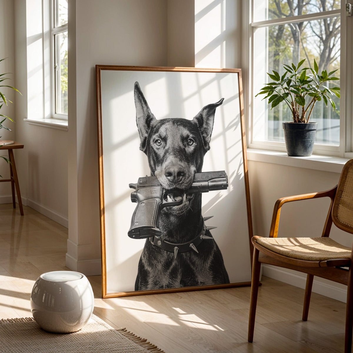Doberman with toy pistol in mouth on white print in a walnut frame on a wood floor beside a cane chair and sunny window