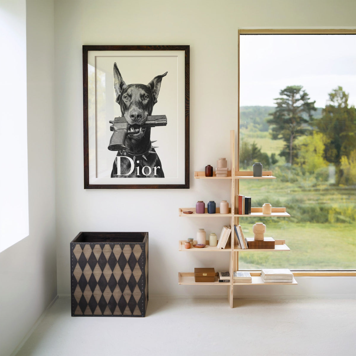 Doberman holding toy pistol with white lettering print in a walnut frame with a white mat beside wooden shelves and a garden window