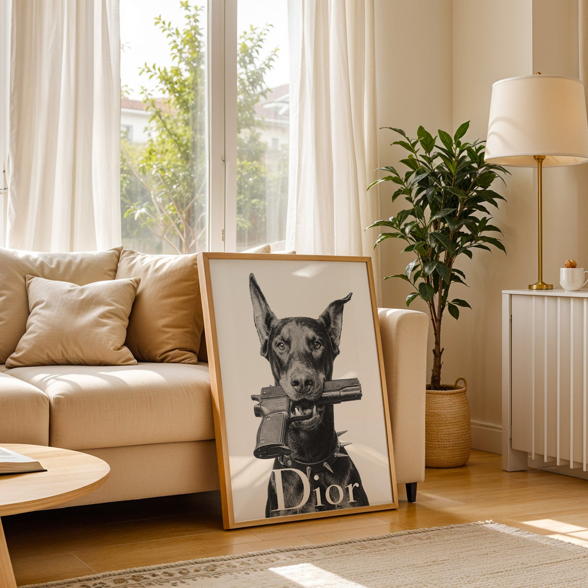 Doberman holding toy pistol with white lettering print in a light oak frame leaning on a cream sofa beside a floor lamp