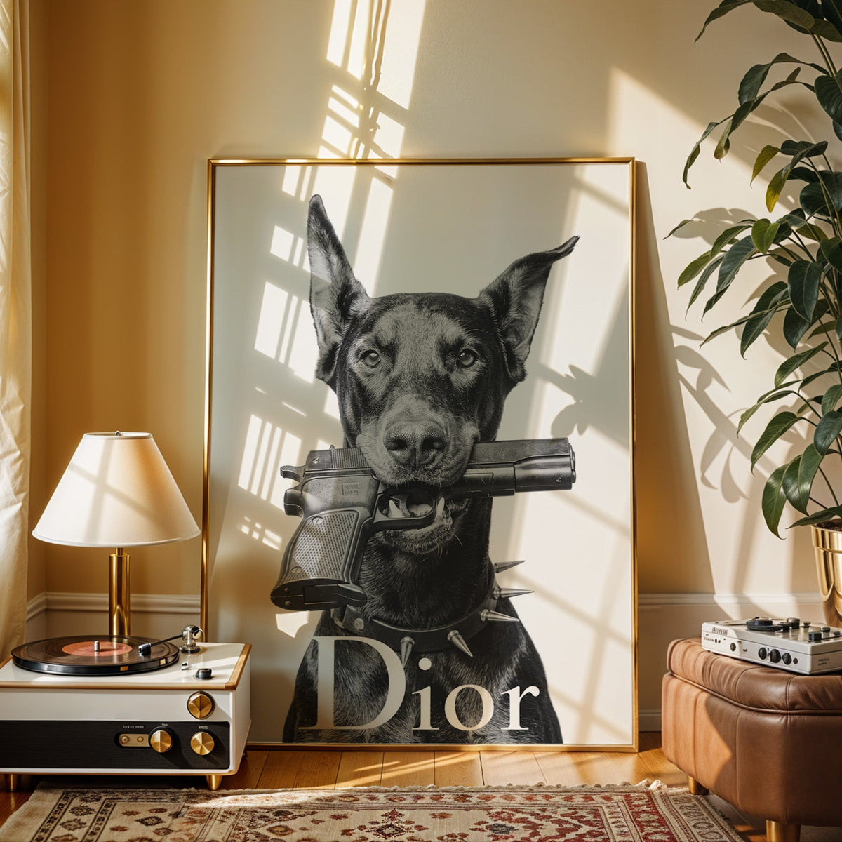 Doberman holding toy pistol with white lettering print shown in a gold frame beside a record player and table lamp