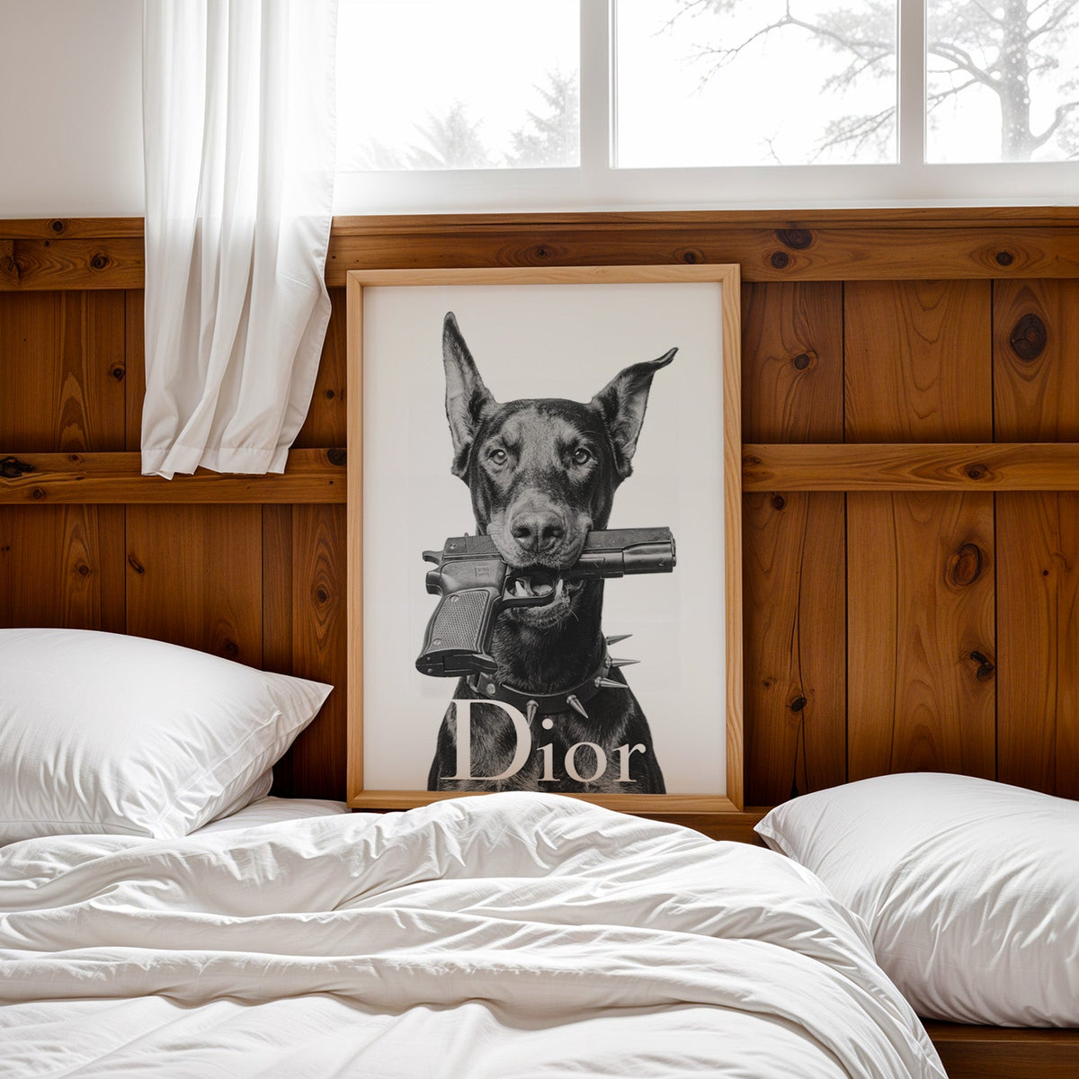 Doberman holding toy pistol with white lettering print in a pine frame leaning on a wood headboard over white bedding