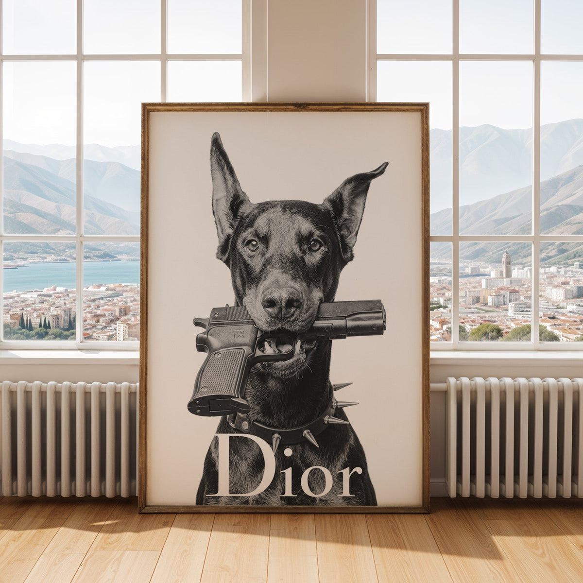 Doberman holding toy pistol with white lettering print shown in an antique gold frame by tall windows with a sea view