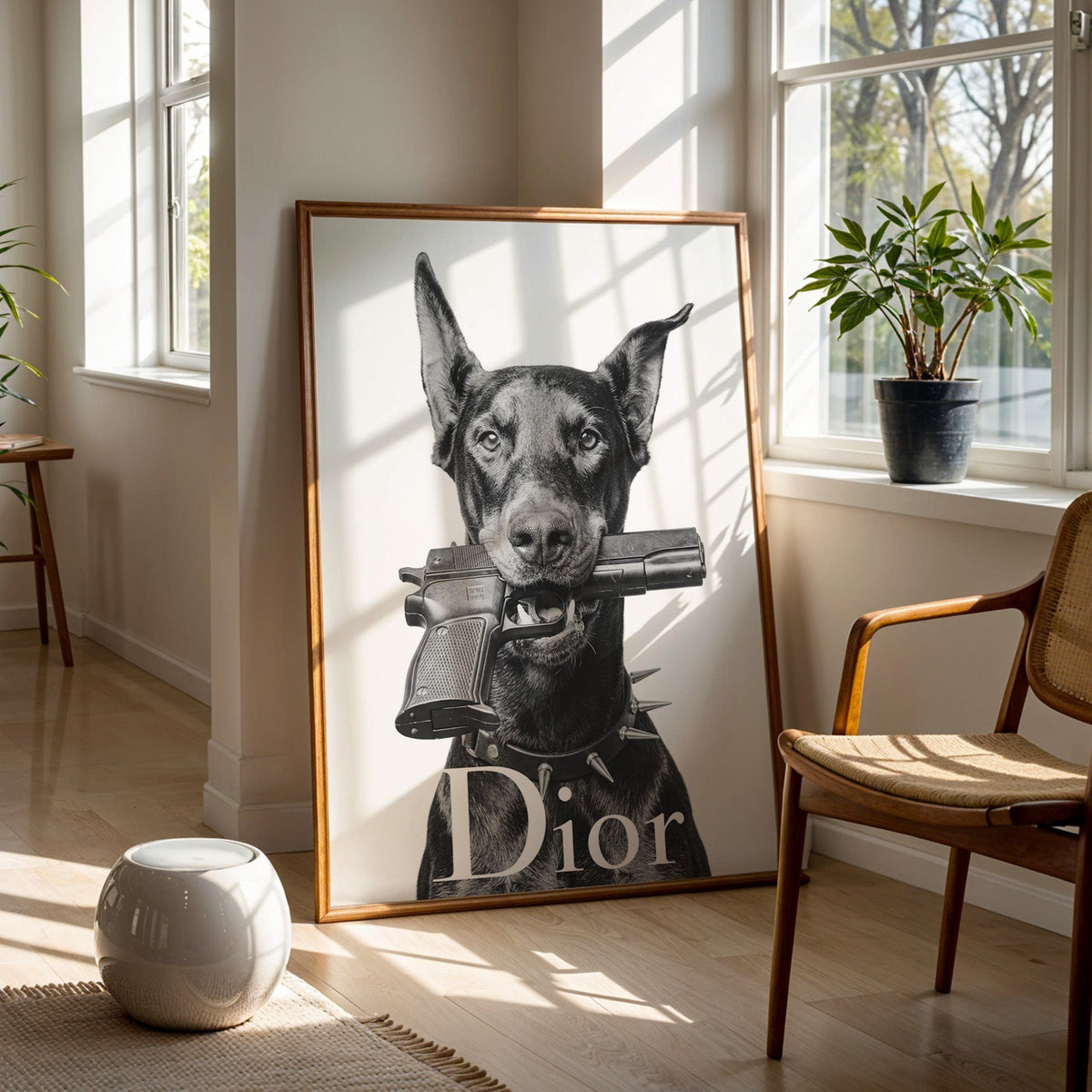 Doberman holding toy pistol with white lettering print in a walnut frame on a wood floor beside a cane chair and sunny window